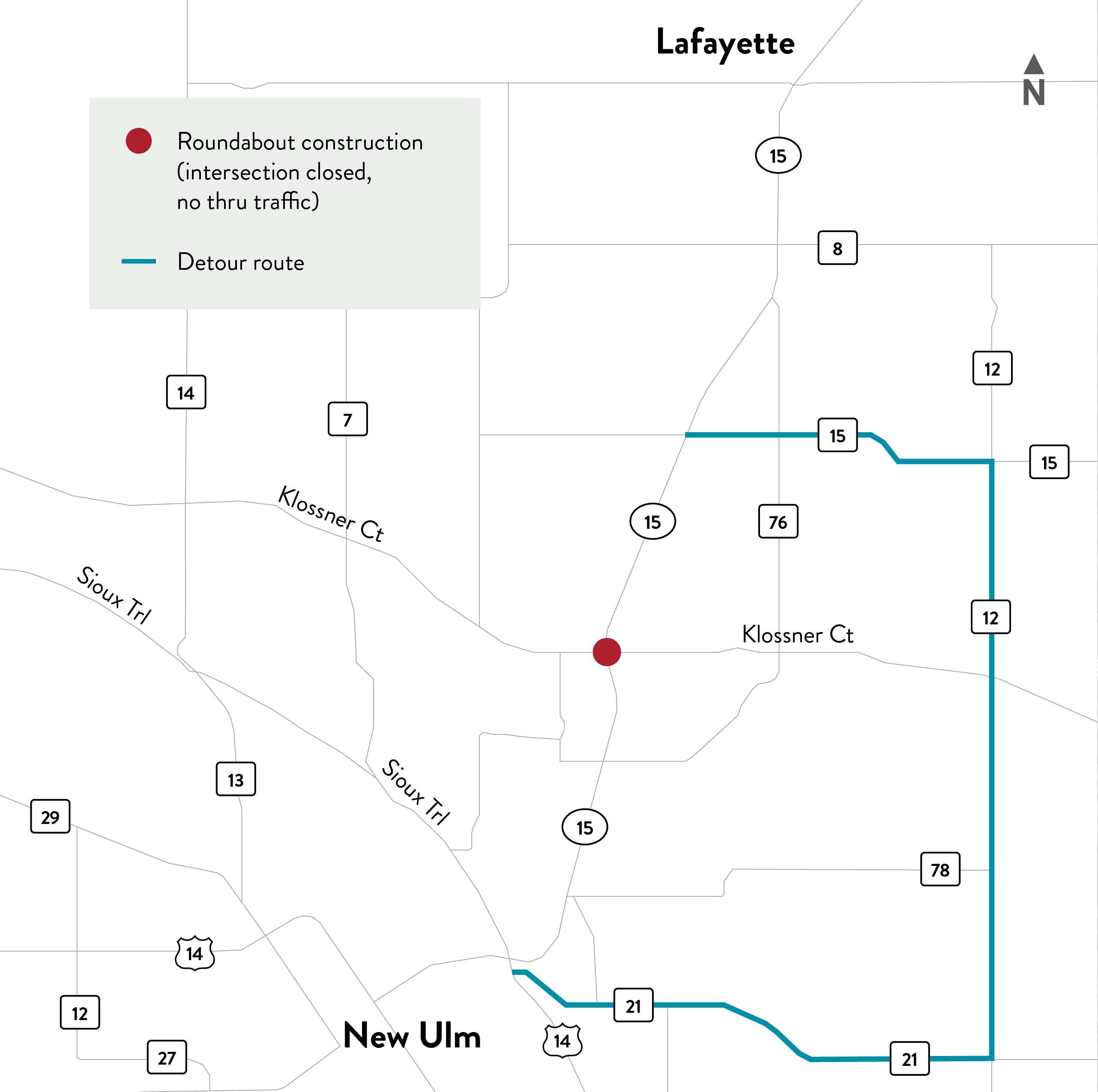 The intersection of Hwy 15 and Fort Road in Klossner will be closed starting May 18 for construction, with traffic detoured to Nicollet County Roads 15, 12 and 21. (Detour map attached)